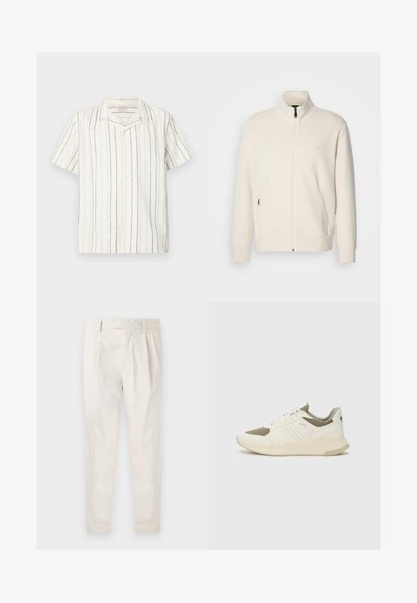 Off-white krūškurvja jaka ar uzacīšu apkakli, garām piedurknēm, sānu kabatām un diskrētu "BOSS" logo uz kreisā krūškurvja.; Īsām piedurknēm, baltas pogas krekls ar vertikālām melnām un bēšām svītrām un nometņa apkakli, attēlots uz vieglas plaknes fona.; Baltas, pleitēts bikses ar piegriezumu, kas pielāgots figūrai, ar gludu tekstūru, jostas cilpām un sašaurinātiem galiem. Nav redzamu kabatu vai rakstu.; Baltas un gaiši bež sporta apavi, ar sieta augšdaļu, perforētiem detaļām un teksturētu vidusdaļu ar zīmolu uz papēža.