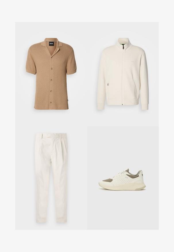 Off-white zip-up jakke med stående krage, lange ermer, sidelommer og diskré "BOSS" logo på venstre bryst.; Beige kortermet strikket cardigan med teksturert mønster, knappestenging foran, krage og svart "BOSS"-merke på innsiden av halsen.; Hvite, pregede bukser med skreddersydd passform, som har en jevn tekstur, beltehemper og avsmalnende ben. Ingen synlige lommer eller mønstre.; Hvit og lysebeige treningssko, med en mesh-overdel, perforerte detaljer og en teksturert mellomsåle med merkevare på hælen.