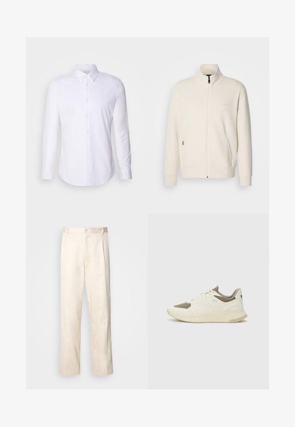 Jakna boje off-white s patentnim zatvaračem, stajaćim ovratnikom, dugim rukavima, bočnim džepovima i suptilnim logotipom "BOSS" na lijevoj strani prsnog koša.; Bijela košulja dugih rukava s dugmadi u glatkom materijalu, koja ima klasične reveri, prednje dugmadi i suptilni logo na prsima.; Bežaste pamučne hlače ravnog kroja s kopčanjem na dugme i plisiranjima sprijeda za dodatni detalj.; Bijele i svijetlosmeđe sportske tenisice, sa mrežastim gornjim dijelom, perforiranim detaljima i teksturiranim međutrakom sa brendom na peti.