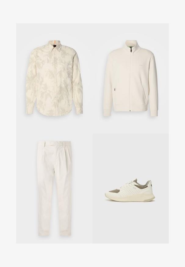 Chaqueta cremosa con cremallera y cuello alzado, mangas largas, bolsillos laterales y un discreto logo de "BOSS" en el lado izquierdo del pecho.; Camisa de botones de color crema claro con un patrón de hojas de palma, de manga larga, con un bolsillo en el pecho y un dobladillo redondeado. Fabricada en una tela suave con una textura lisa.; Pantalones blancos plisados con un ajuste entallado, que presentan una textura suave, pasadores para el cinturón y piernas ajustadas. Sin bolsillos visibles ni patrones.; Zapatilla deportiva en blanco y beige claro, con parte superior de malla, detalles perforados y una mediasuela texturizada con la marca en el talón.