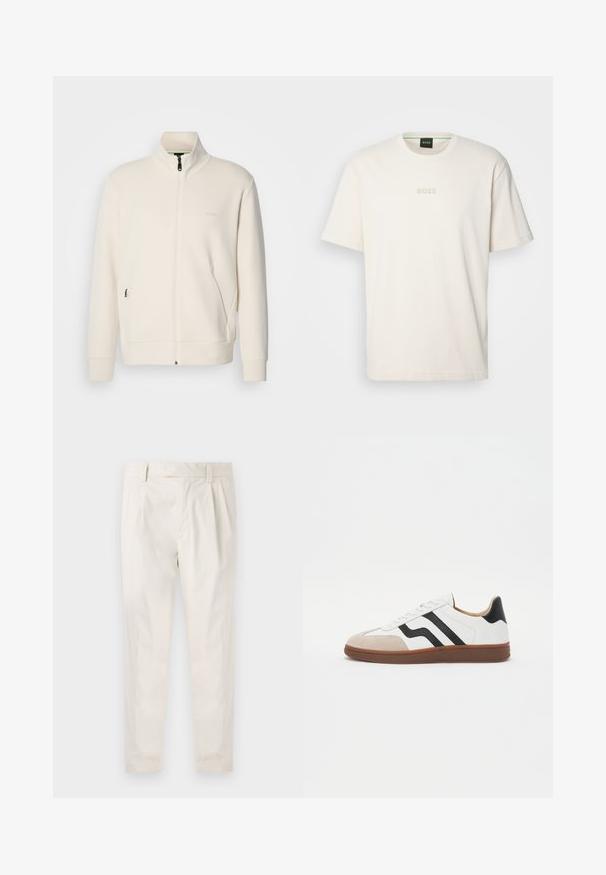 Off-white zip-up jacka med ståkrage, långa ärmar, sidofickor och subtil "BOSS"-logotyp på vänster bröst.; BOSS TEE - T-shirt - bas - open white; Vita, plisserade byxor med skräddarsydd passform, med en mjuk yta, bälteshängare och avsmalnande ben. Inga synliga fickor eller mönster.; Vit sneaker med svarta randiga accenter, mocka tåhatt och brun gummisula. Slät läderövre del med rundad design.
