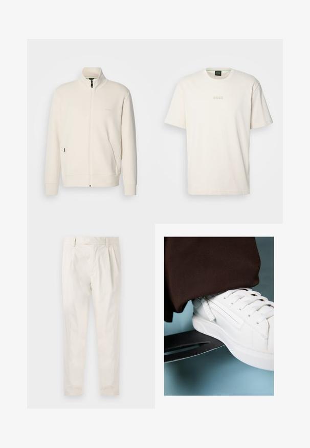 Oficialiai balta zip-up striukė su stovinčia apykakle, ilgomis rankovėmis, šoninėmis kišenėmis ir subtiliu "BOSS" logotipu kairėje krūtinės pusėje.; BOSS TEE - Paprasti marškinėliai - open white; Balti, susiūtos kelnes, turinčios pritaikytą siluetą, pasižyminčias lygia tekstūra, dirželio kilpomis ir siaurėjančiomis kojomis. Nėra matomų kišenių ar raštų.; Balti odiniai sportiniai bateliai su tekstūruota paviršiumi, plokščiomis raišteliais ir šoniniu ženklinimu, padėti ant metalinio riedlentės mėlyname fone.