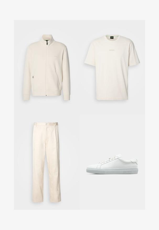 Krémová bunda na zips so stojatým golierom, dlhými rukávmi, bočnými vreckami a jemným logom "BOSS" na ľavej hrudi.; BOSS TEE - Základné tričko - open white; Béžové bavlnené nohavice so strihom rovného nohu, s gombíkovým zapínaním a záhybmi vpredu pre pridanie detailu.; Biele kožené tenisky s hladkým povrchom, zaoblenou špičkou, plochými šnúrkami a minimalistickým dizajnom. Svetlošedá gumová podrážka s logom na boku.