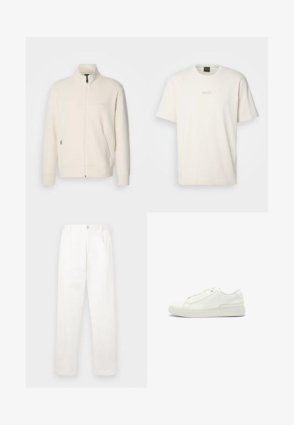 Kurtka zapinana na zamek w kolorze off-white z stójką, długimi rękawami, bocznymi kieszeniami oraz subtelnym logo "BOSS" na lewej piersi.; BOSS - T-shirt basic; Białe spodnie wykonane z gładkiego materiału, charakteryzujące się prostym krojem nogawki, plisami z przodu oraz pojedynczym zapięciem na guzik w pasie.; Białe skórzane sneakersy z fakturowaną cholewką, okrągłym czubkiem, minimalistycznym designem i gumową podeszwą z przeszyciami.