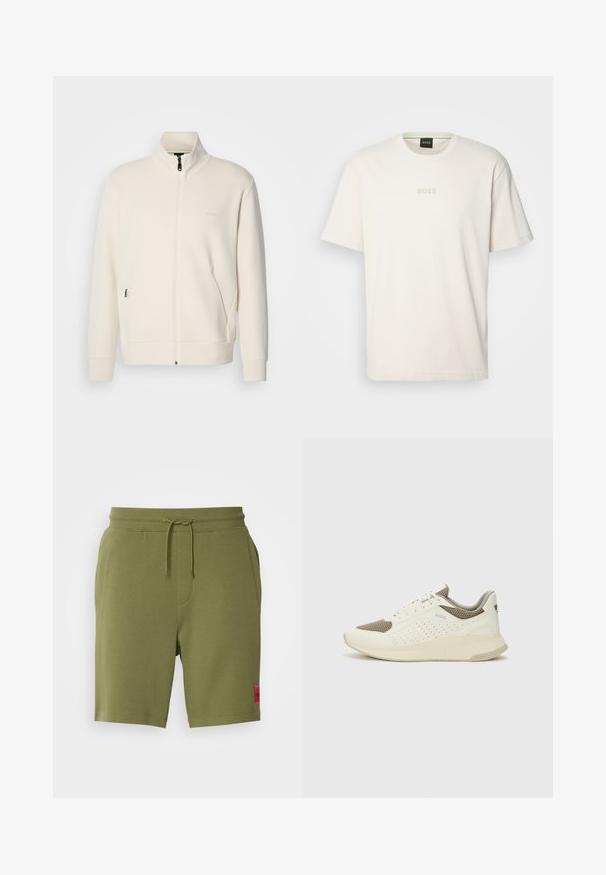 Krémová zipová bunda s vysokým límcem, dlouhými rukávy, bočními kapsami a jemným logem "BOSS" na levé části hrudi.; BOSS TEE - Jednoduché tričko - open white; HUGO DIZ - Teplákové kalhoty - open green; Bílé a světle béžové atletické tenisky, které mají síťovaný svršek, perforované detaily a texturovanou mezipodešev s logem na patě.