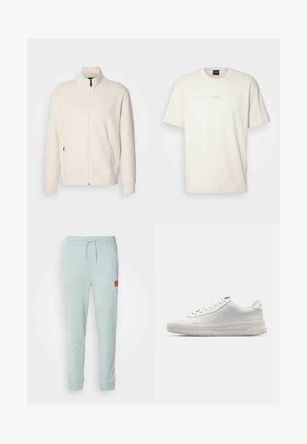 Off-white zip-up jack met staande kraag, lange mouwen, zijzakken en een subtiele "BOSS" logo op de linkerborst.; BOSS TEE - T-shirt basic - open white; HUGO DOAK - Trainingsbroek - open grey; Witte sneakers met een glad leren bovenwerk, ronde neus, vetersluiting en een dikke rubberen zool. Subtiel logo aan de zijkant.