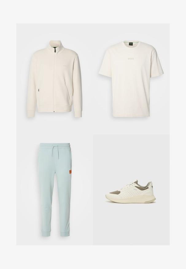 Oficialiai balta zip-up striukė su stovinčia apykakle, ilgomis rankovėmis, šoninėmis kišenėmis ir subtiliu "BOSS" logotipu kairėje krūtinės pusėje.; BOSS TEE - Paprasti marškinėliai - open white; HUGO DOAK - Treningo apatinė dalis - open grey; Baltas ir šviesiai bežinis sportinis kedas, su tinklo viršumi, perforuotais detalėmis ir tekstūruotu tarpine su logotipu ant kulno.