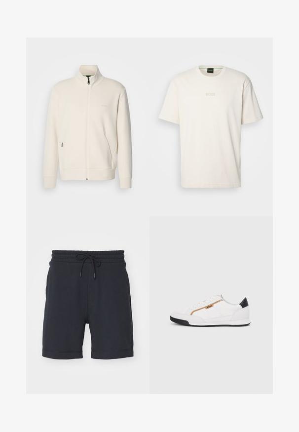 Casaco com fecho éclair em tom off-white, com colarinho elevado, mangas longas, bolsos laterais e um discreto logótipo "BOSS" no lado esquerdo do peito.; BOSS TEE - T-shirt básica - open white; Calções azul-marinho com cintura elástica e cordão ajustável, apresentando uma textura suave e uma bainha padrão.; Tênis atléticos brancos com detalhes em malha e couro. Apresenta um logotipo dourado "BOSS", painéis laterais texturizados e um capô de calcanhar preto. Sola em borracha.