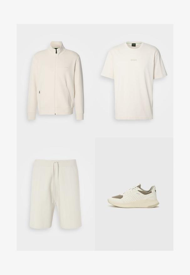 Valkoinen vetoketjullinen takki, jossa on pystykaulus, pitkät hihat, sivutaskut ja huomaamaton "BOSS"-logo vasemmassa rinnassa.; BOSS TEE - T-paita - open white; Vaaleanbeige lyhyet housut, jotka on valmistettu teksturoidusta kankaasta. Niissä on kiristysnauhavartalo ja polvimittainen malli, jossa on hillityt pystysuorat raidat.; Valkoinen ja vaaleanbeige urheilukengät, joissa on verkkomateriaali yläosa, rei'itettyjä yksityiskohtia ja teksturoitu välipohja, jossa on brändäys kantapäässä.