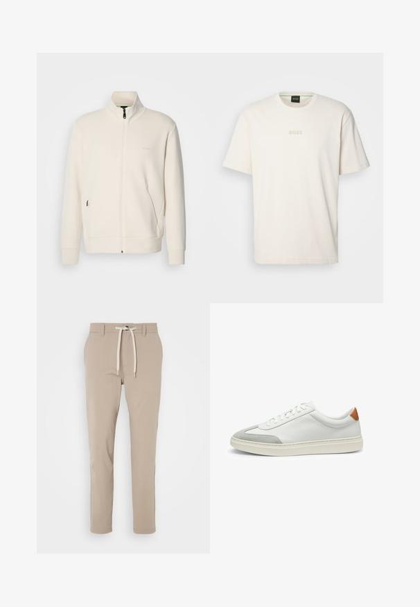 Off-white zip-up jacket with stand collar, long sleeves, side pockets, and subtle "BOSS" logo on the left chest.; BOSS TEE - Basic T-shirt - open white; BOSS TAPERED - Trousers - light beige; White leather sneakers with gray suede accents and a tan leather heel tab. Features a textured surface and lightweight sole.