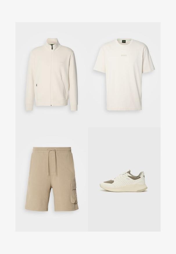 Off-white zip-up jack met staande kraag, lange mouwen, zijzakken en een subtiele "BOSS" logo op de linkerborst.; BOSS TEE - T-shirt basic - open white; Beige cargoshorts van zachte stof, met een trekkoord in de taille en zijzakken. Eenvoudig ontwerp, broeklengte tot de knie, minimale stikdetails.; Witte en lichtbeige sport sneaker, met een bovenwerk van mesh, geperforeerde details en een gestructureerde tussenzool met branding op de hiel.