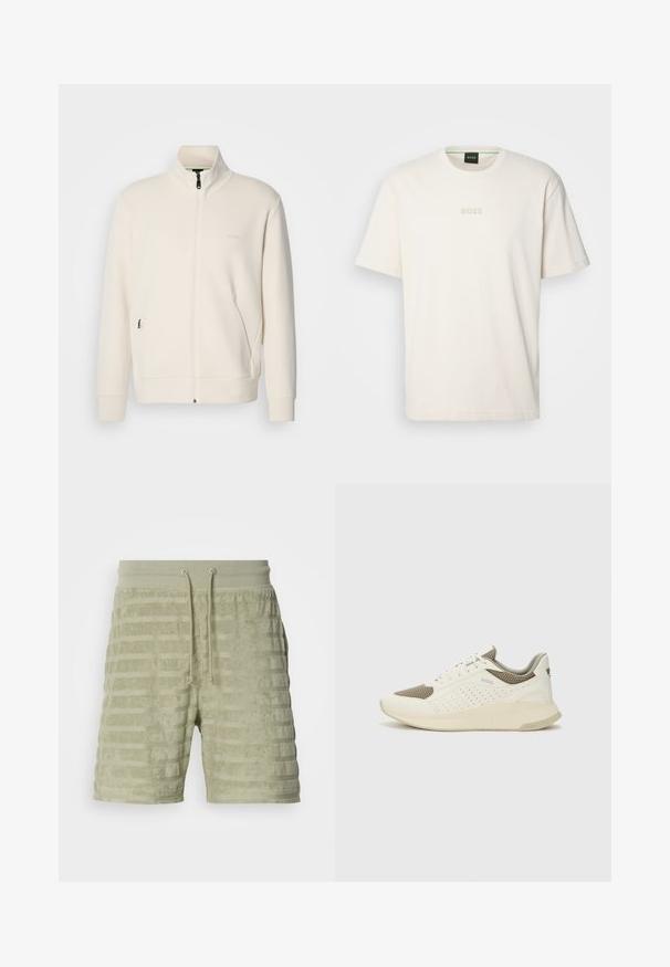 Off-white zip-up jack met staande kraag, lange mouwen, zijzakken en een subtiele "BOSS" logo op de linkerborst.; BOSS TEE - T-shirt basic - open white; Frotteekatoenen shorts in lichtgroen met een horizontaal gestreept patroon, verstelbare trekkoord taille en een relaxte pasvorm.; Witte en lichtbeige sport sneaker, met een bovenwerk van mesh, geperforeerde details en een gestructureerde tussenzool met branding op de hiel.