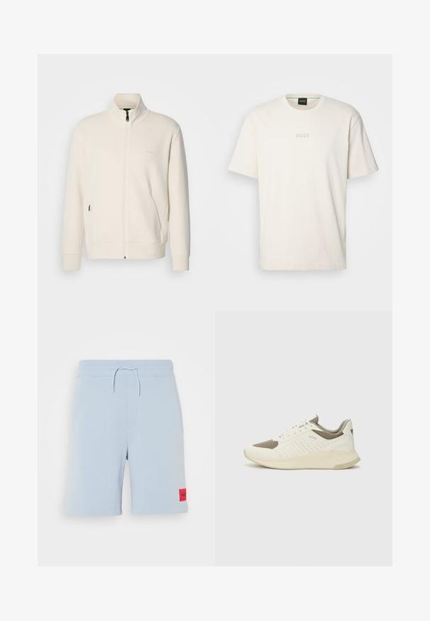 Veste zippée beige clair avec col montant, manches longues, poches latérales et logo "BOSS" discret sur la poitrine gauche.; BOSS TEE - T-shirt basique - open white; Shorts en coton bleu clair avec taille élastique et cordon de serrage, présentant une étiquette en patch rouge sur le côté gauche. Texture lisse.; Basket de sport blanche et beige clair, avec une tige en maille, des détails perforés et une semelle intermédiaire texturée avec un logo sur le talon.