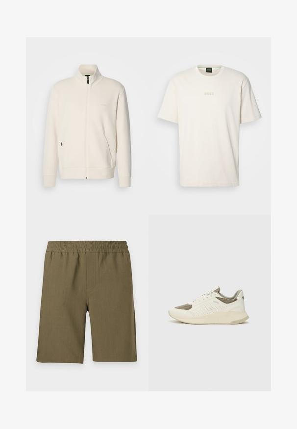 Kurtka zapinana na zamek w kolorze off-white z stójką, długimi rękawami, bocznymi kieszeniami oraz subtelnym logo "BOSS" na lewej piersi.; BOSS - T-shirt basic; Samsøe Samsøe SMITH zielony; Białe i jasnobeżowe sneakersy sportowe, z siateczkową cholewką, perforowanymi detalami oraz teksturowaną podeszwą śródstopia z brandingiem na pięcie.