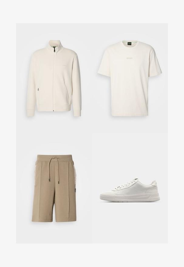 Veste zippée beige clair avec col montant, manches longues, poches latérales et logo "BOSS" discret sur la poitrine gauche.; BOSS TEE - T-shirt basique - open white; Shorts en coton beige avec une taille élastique et un cordon de serrage. Comprend des poches latérales matelassées et un patch logo sur le devant.; Baskets blanches avec une tige en cuir lisse, bout rond, fermeture à lacets et une épaisse semelle en caoutchouc. Logo discret sur le côté.