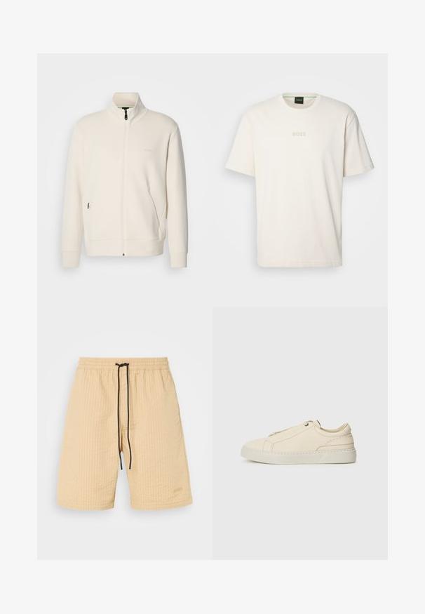 Off-white zip-up jack met staande kraag, lange mouwen, zijzakken en een subtiele "BOSS" logo op de linkerborst.; BOSS TEE - T-shirt basic - open white; Beige shorts van een gemêleerde stof, met een elastische tailleband en een zwarte trekkoord. Voorzien van een subtiele logoaccent. Recht gesneden ontwerp.; Beige leren sneaker met een ronde neus, minimalistisch ontwerp, subtiele stikdetails en een gestructureerde bovenkant, op een lichte zool.