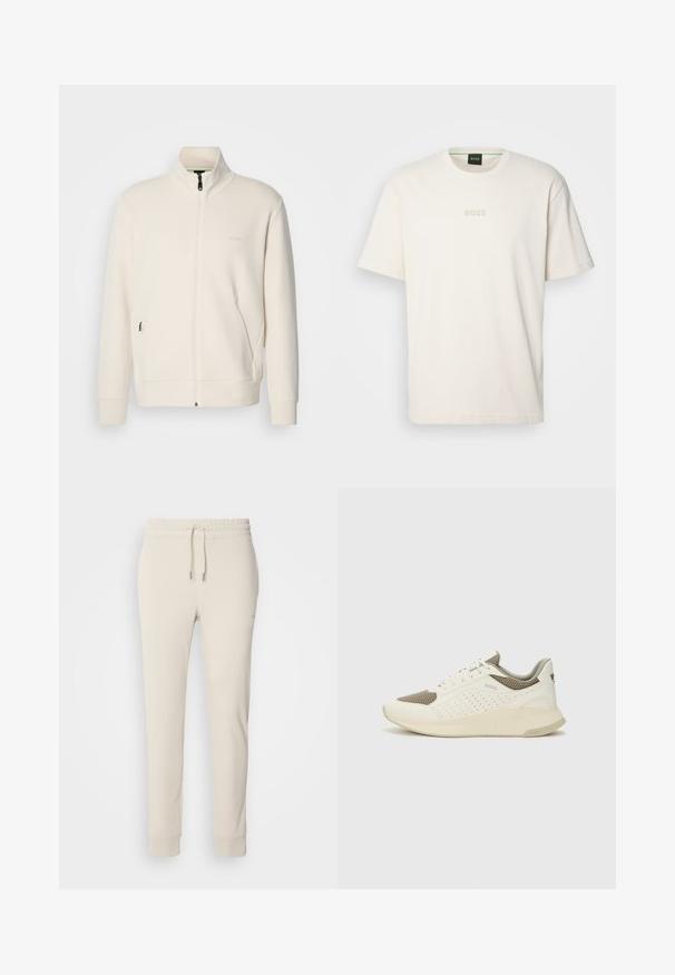 Krémová bunda na zips so stojatým golierom, dlhými rukávmi, bočnými vreckami a jemným logom "BOSS" na ľavej hrudi.; BOSS TEE - Základné tričko - open white; Béžové tapered tepláky s elastickým pásom a nastaviteľnou šnúrkou. Mäkká textura, rebrované manžety a bočné vrecká.; Biele a svetlo béžové športové tenisky s hornou časťou z mriežkového materiálu, perforovanými detailmi a textúrovanou medzipodrážkou s logom na päte.