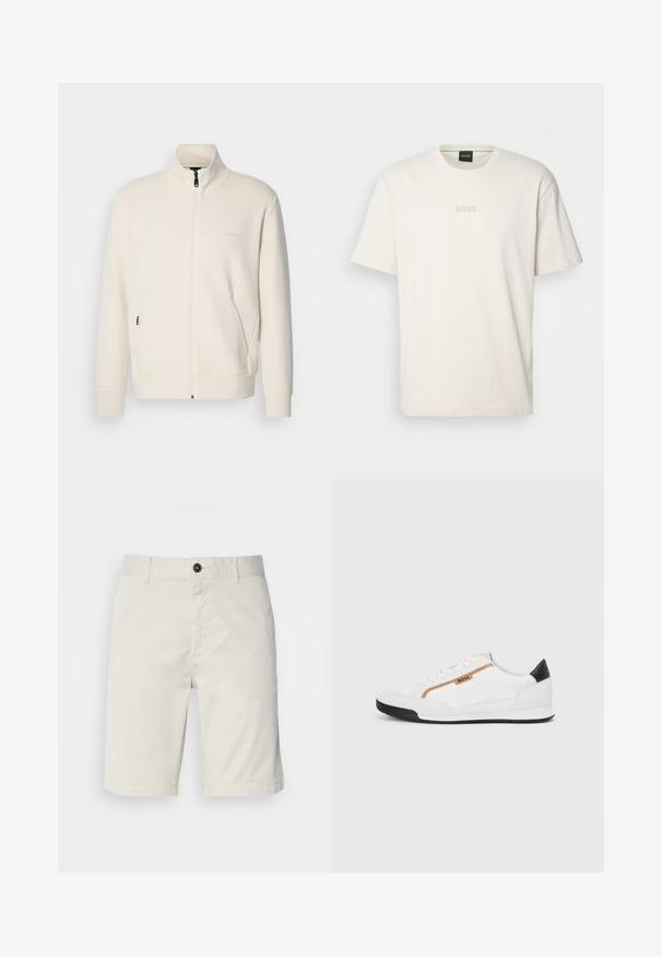 Krémová bunda na zips so stojatým golierom, dlhými rukávmi, bočnými vreckami a jemným logom "BOSS" na ľavej hrudi.; BOSS TEE - Základné tričko - open white; Svetlo béžové nohavice vyrobené z bavlny, s gombíkovým zapínaním, prednými vreckami a prešitým lemom. Hladká textúra s neformálnym dizajnom.; Biele športové topánky s akcentmi z korku a kože. Obsahujú zlaté logo "BOSS", textúrované bočné panely a čierny pätník. Gumová podrážka.