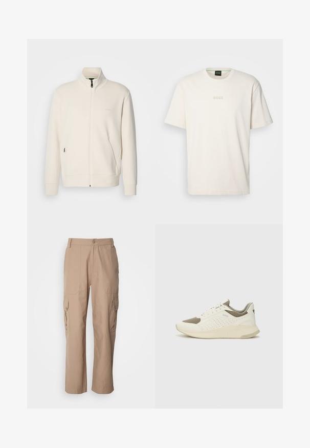 Hosszú ujjú, álló galléros, krémfehér cipzáras dzseki, oldalsó zsebekkel és diszkrét "BOSS" logóval a bal mellrészen.; BOSS TEE - Basic póló - open white; Könnyű szövetből készült khaki cargo nadrág, két oldalsó zsebbel, gombos záródással és egyenes lábbetéttel.; Fehér és világos bézs sportcipő, légies hálós felsőrésszel, perforált részletekkel és texturált középtalppal, amelyen a saroknál a márka logója található.