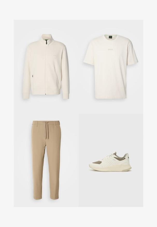 Hosszú ujjú, álló galléros, krémfehér cipzáras dzseki, oldalsó zsebekkel és diszkrét "BOSS" logóval a bal mellrészen.; BOSS TEE - Basic póló - open white; Beige, tapered nadrágok gumis derékkal és zsinórral. Sima anyag, letisztult dizájn, látható minták vagy fémalkatrészek nélkül.; Fehér és világos bézs sportcipő, légies hálós felsőrésszel, perforált részletekkel és texturált középtalppal, amelyen a saroknál a márka logója található.