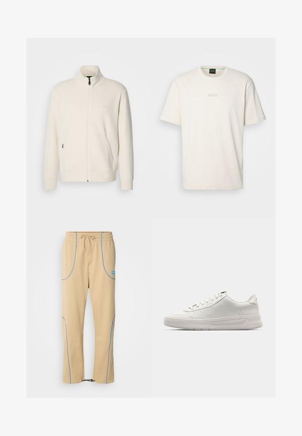 Jachetă crem cu fermoar, cu guler înalt, mâneci lungi, buzunare laterale și logo-ul subtil "BOSS" pe pieptul stâng.; BOSS TEE - Tricou basic - open white; HUGO NIPIPEPANT - Pantaloni de trening - medium beige; Tenisi albi cu un superior din piele netedă, vârf rotund, sistem de închidere cu șireturi și o talpă groasă din cauciuc. Logo discret pe lateral.