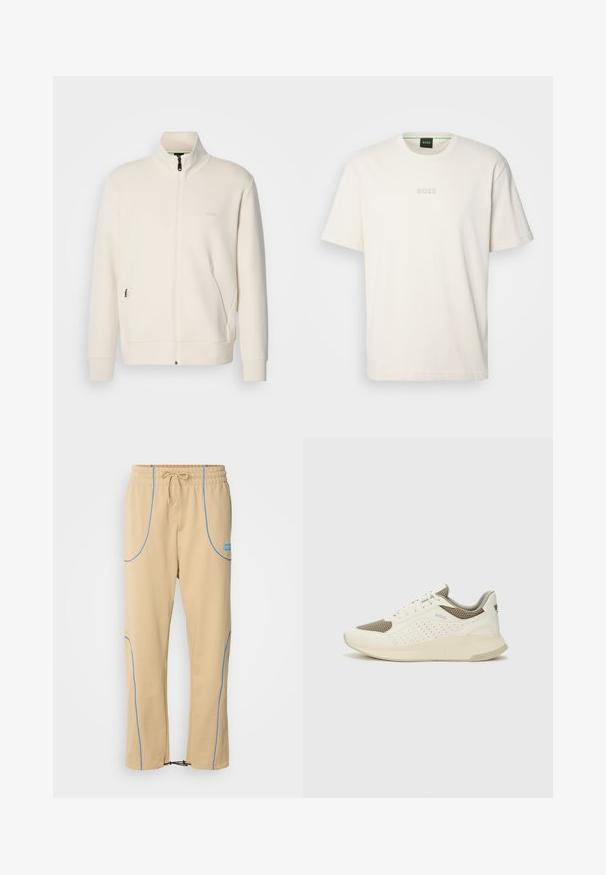 Ζακέτα σε off-white απόχρωση με κλείσιμο φερμουάρ, όρθιο γιακά, μακριά μανίκια, πλάγιες τσέπες και διακριτό λογότυπο "BOSS" στο αριστερό στήθος.; BOSS TEE - Βασικό μπλουζάκι - open white; HUGO NIPIPEPANT - Παντελόνι φόρμας - medium beige; Λευκό και ανοιχτό μπεζ αθλητικό παπούτσι, με επάνω μέρος από διχτυωτό υλικό, διακοσμήσεις με περφορέ και υφή στην ενδιάμεση σόλα με επωνυμία στη φτέρνα.