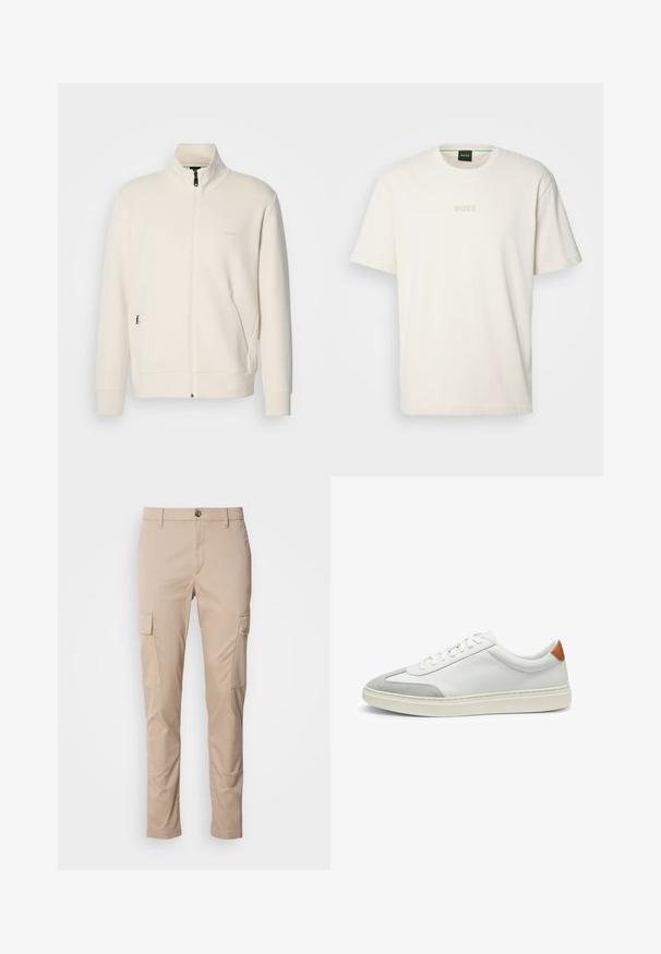 Off-white zip-up jacka med ståkrage, långa ärmar, sidofickor och subtil "BOSS"-logotyp på vänster bröst.; BOSS TEE - T-shirt - bas - open white; Beige cargobyxor med två sidofickor, slim fit, tillverkade av lättviktsmaterial, med knappstängning fram och bälteshällor.; Vita lädersneakers med grå mockadetaljer och en tab i brunt läder på hälen. Har en strukturerad yta och en lätt sula.