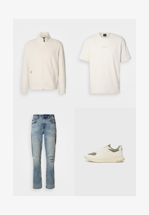 Casaco com fecho éclair em tom off-white, com colarinho elevado, mangas longas, bolsos laterais e um discreto logótipo "BOSS" no lado esquerdo do peito.; BOSS TEE - T-shirt básica - open white; Jeans de ganga azul claro com corte de perna reta, detalhes desgastados e lavagem desbotada. Design padrão de cinco bolsos com fecho de botão.; Sapatilha atlética branca e bege claro, com parte superior em malha, detalhes perfurados e uma entressola texturizada com marcação no calcanhar.