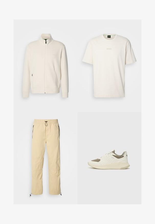 Off-white zip-up jakke med stående krage, lange ermer, sidelommer og diskré "BOSS" logo på venstre bryst.; BOSS TEE - T-shirts - open white; Lys gule lettvektsbukser med elastisk midje, snor og svarte glidelåslommer, med smalere ben og justerbare nederdeler.; Hvit og lysebeige treningssko, med en mesh-overdel, perforerte detaljer og en teksturert mellomsåle med merkevare på hælen.