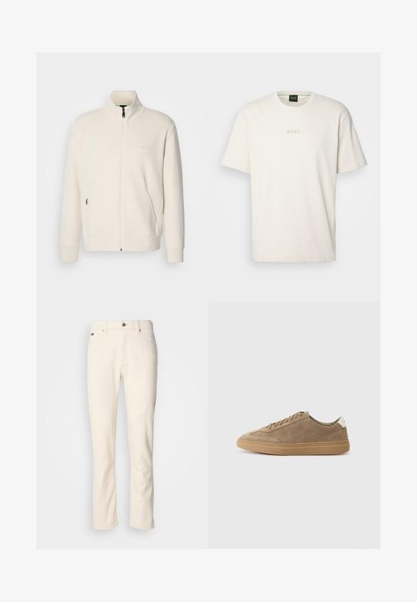 Hosszú ujjú, álló galléros, krémfehér cipzáras dzseki, oldalsó zsebekkel és diszkrét "BOSS" logóval a bal mellrészen.; BOSS TEE - Basic póló - open white; Krémszínű, egyenes szárú farmernadrág, gombos záródással, övtartókkal és első zsebekkel, egyszínű háttér előtt.; Világosbarna velúr sportcipők, gumitalppal. Fűzős dizájn és minimalista stílus jellemzi, amelyet egy fehér sarokfűző tesz hangsúlyossá.