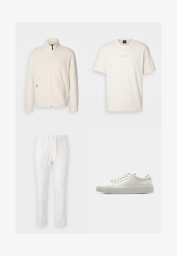 Off-white zip-up jakke med stående krage, lange ermer, sidelommer og diskré "BOSS" logo på venstre bryst.; BOSS TEE - T-shirts - open white; Hvite bomullsbukser med elastisk midje, snor og knappefeste. Rett bendesign, glatt tekstur, ingen mønstre eller aksenter.; Hvit lær sneakers med rund tå, minimalistisk design, grå snøring og teksturert grå gummisåle. Subtile sømdetaljer synlige.