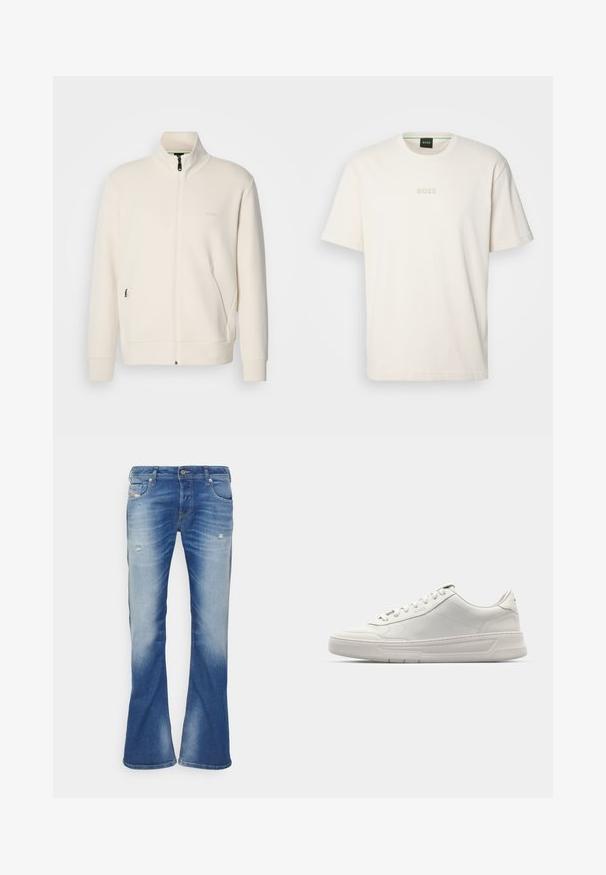 Off-white zip-up jakke med stående krage, lange ermer, sidelommer og diskré "BOSS" logo på venstre bryst.; BOSS TEE - T-shirts - open white; Blå falmede bootcut jeans med let slid på forsiden af lårene og klassisk fem-lomme design på hvid baggrund.; Hvite joggesko med overdel i glatt lær, rund tå, snøring, og tykk gummisåle. Diskret logo på siden.