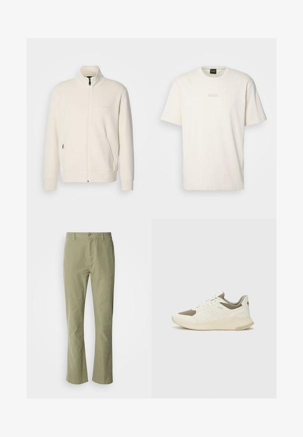 Veste zippée beige clair avec col montant, manches longues, poches latérales et logo "BOSS" discret sur la poitrine gauche.; BOSS TEE - T-shirt basique - open white; Pantalon en coton vert clair avec une coupe droite, doté d'une fermeture à bouton à l'avant et d'une texture discrète. Aucun motif ou accent visible.; Basket de sport blanche et beige clair, avec une tige en maille, des détails perforés et une semelle intermédiaire texturée avec un logo sur le talon.
