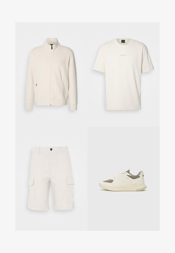 Krémová bunda na zips so stojatým golierom, dlhými rukávmi, bočnými vreckami a jemným logom "BOSS" na ľavej hrudi.; BOSS TEE - Základné tričko - open white; Bežové cargo šortky vyrobené z ľahkej látky, s dvoma bočnými vreckami a prehnutým lemom. Zapínanie na gombík v páse.; Biele a svetlo béžové športové tenisky s hornou časťou z mriežkového materiálu, perforovanými detailmi a textúrovanou medzipodrážkou s logom na päte.
