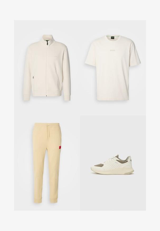 Casaco com fecho éclair em tom off-white, com colarinho elevado, mangas longas, bolsos laterais e um discreto logótipo "BOSS" no lado esquerdo do peito.; BOSS TEE - T-shirt básica - open white; Calças jogger beiges feitas de tecido macio. Cintura elástica com cordão, bolsos laterais, pernas ajustadas e um patch de logótipo vermelho na coxa esquerda.; Sapatilha atlética branca e bege claro, com parte superior em malha, detalhes perfurados e uma entressola texturizada com marcação no calcanhar.