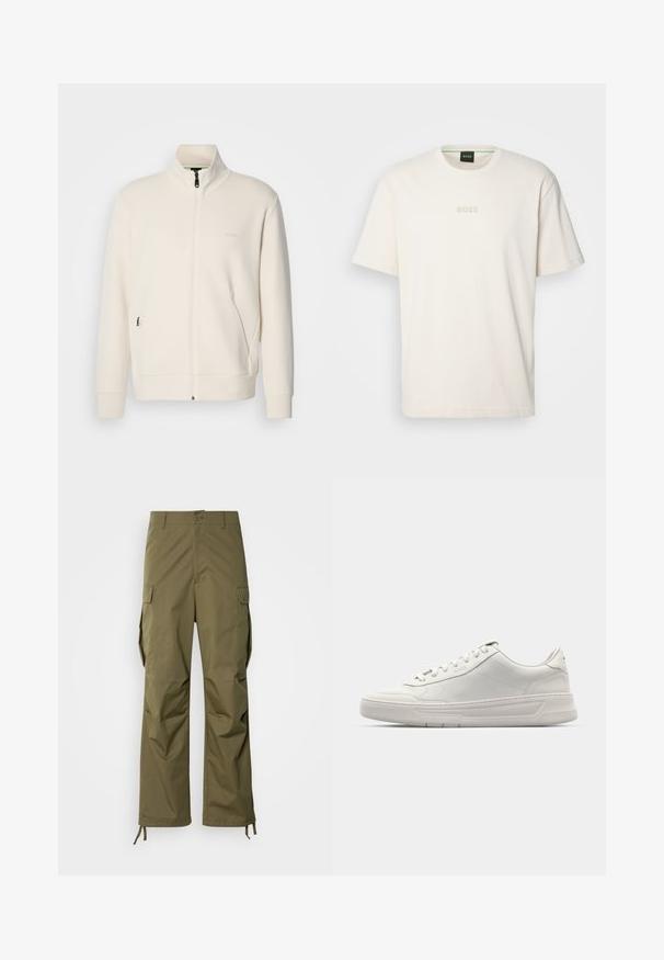 Krémová bunda na zips so stojatým golierom, dlhými rukávmi, bočnými vreckami a jemným logom "BOSS" na ľavej hrudi.; BOSS TEE - Základné tričko - open white; Olivové cargo nohavice vyrobené z odolného materiálu, s rovnými nohavicami, bočnými vreckami a nastaviteľnými viazaniami na členkoch.; Biele tenisky s hladkým koženým zvrškom, okrúlou špičkou, šnurovaním a hrubou gumovou podrážkou. Diskrétne logo na boku.