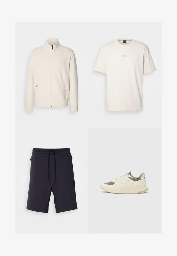 Off-white krūškurvja jaka ar uzacīšu apkakli, garām piedurknēm, sānu kabatām un diskrētu "BOSS" logo uz kreisā krūškurvja.; BOSS TEE - Pamata T-krekls - open white; Tumši jūras zili šorti ar gludu tekstūru, elastīgu jostasvietu, aukliņu un sānu kabatām. Satur melnu logo uzlīmi sānos.; Baltas un gaiši bež sporta apavi, ar sieta augšdaļu, perforētiem detaļām un teksturētu vidusdaļu ar zīmolu uz papēža.