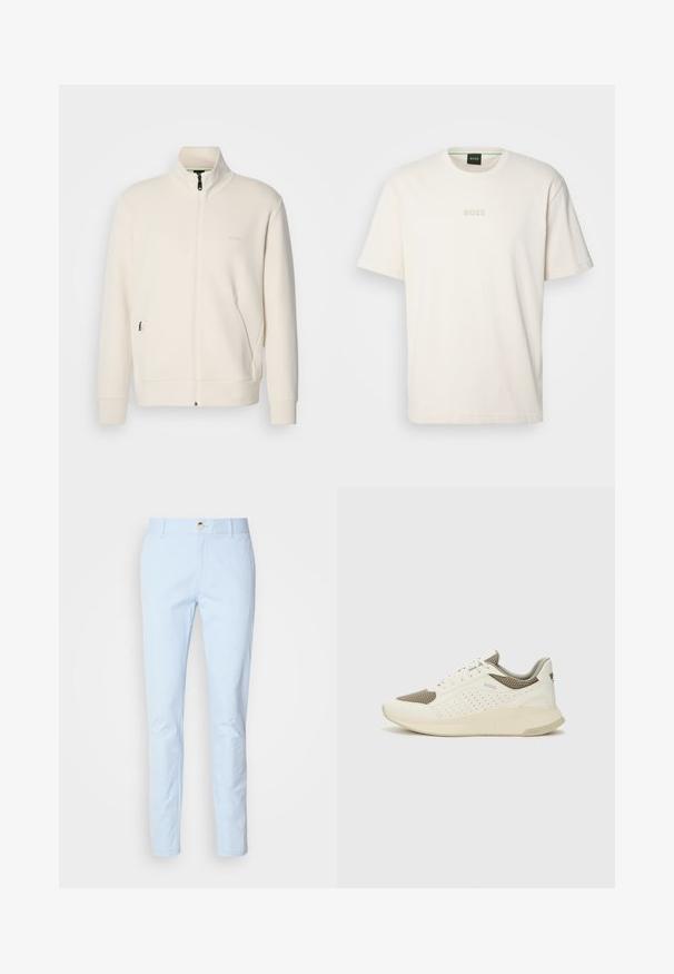 Kreemi värvi lukuga jakk kõrge kraega, pikkade varrukatega, küljetaskutega ja diskreetse "BOSS" logo ka vasakul rinnal.; BOSS TEE - Lihtne T-särk - open white; Heledad sinised puuvillased chinos, kitsas lõige, millel on tõmblukk, üks nupp ja eesmine taskud. Sile tekstuur ja minimaalne disain.; Valge ja heledat beeži värvi spordijalats, millel on õhuke võrkmaterjal, perforatsioonidega detailid ning tekstuuriga vahetald, millel on brändi logo kannaosas.