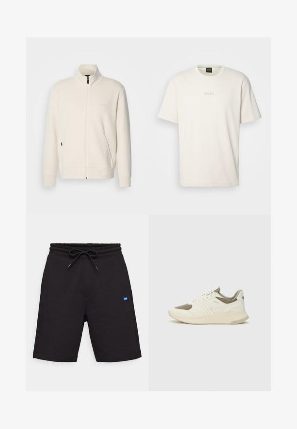 Oficialiai balta zip-up striukė su stovinčia apykakle, ilgomis rankovėmis, šoninėmis kišenėmis ir subtiliu "BOSS" logotipu kairėje krūtinės pusėje.; BOSS TEE - Paprasti marškinėliai - open white; Juoda medvilnės šortai su raišteliu juosmens, turintys šonines kišenes ir mažą mėlyną logotipo etiketes priekyje. Lygus paviršius.; Baltas ir šviesiai bežinis sportinis kedas, su tinklo viršumi, perforuotais detalėmis ir tekstūruotu tarpine su logotipu ant kulno.