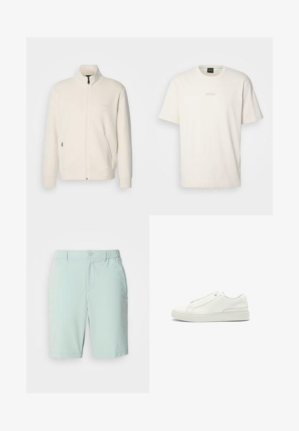 Off-white zip-up jacket with stand collar, long sleeves, side pockets, and subtle "BOSS" logo on the left chest.; BOSS TEE - Basic T-shirt - open white; Light blue shorts made of smooth fabric, featuring a button closure, front pockets, and a comfortable waistband with no visible patterns.; White leather sneaker featuring a textured upper, a round toe, minimalistic design, and a rubber sole with stitched detailing.