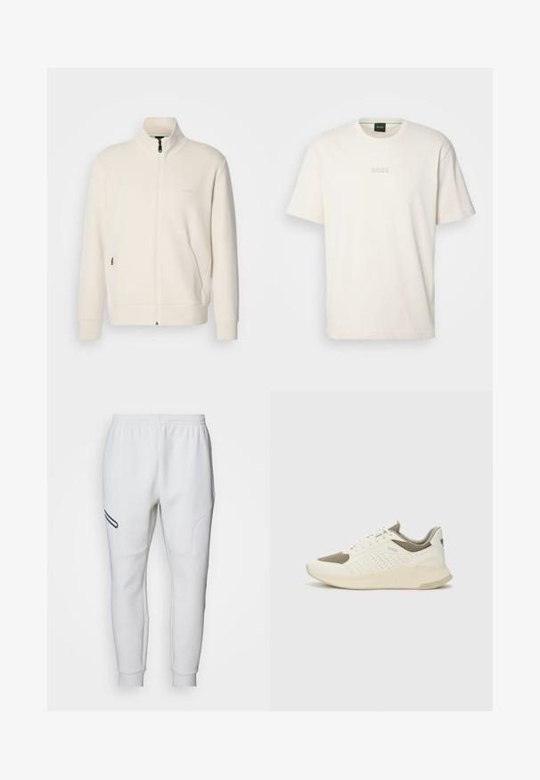 Off-white Zip-Jacke mit Stehkragen, langen Ärmeln, Seitentaschen und dezenter "BOSS"-Logo auf der linken Brust.; BOSS TEE - T-Shirt basic - open white; Weiße Trainingshosen mit einer weichen, glatten Textur. Verfügt über abgerundete Seitenpaneele und einen schwarzen Akzentstreifen. Elastischer Bund für eine verstellbare Passform.; Weiße und hellbeige Sport Sneakers, ausgestattet mit einem Obermaterial aus Netzgewebe, perforierten Details und einer strukturierten Zwischensohle mit Branding an der Ferse.