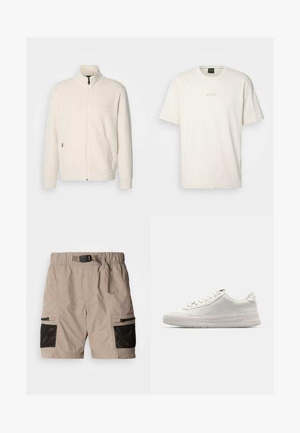 Off-white zip-up jack met staande kraag, lange mouwen, zijzakken en een subtiele "BOSS" logo op de linkerborst.; BOSS TEE - T-shirt basic - open white; Beige cargoshorts van een gestructureerde stof, met zwarte gaasaccenten, een elastische tailleband en zijzakken met ritsen.; Witte sneakers met een glad leren bovenwerk, ronde neus, vetersluiting en een dikke rubberen zool. Subtiel logo aan de zijkant.
