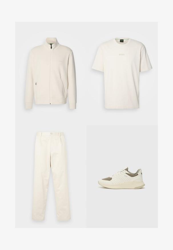 Lysbeige zip-up jakke med ståkrave, lange ærmer, sidelommer og diskret "BOSS" logo på venstre bryst.; BOSS TEE - T-shirts basic - open white; Lys beige bomulds chinos med lige ben-design, der har en knaplukning og to sidelommer. Glat tekstur uden synlige mønstre.; Hvide og lyse beige sportssko med en mesh-overdel, perforerede detaljer og en tekstureret mellemsål med branding på hælen.