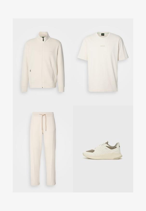 Veste zippée beige clair avec col montant, manches longues, poches latérales et logo "BOSS" discret sur la poitrine gauche.; BOSS TEE - T-shirt basique - open white; BOSS DONETTO - Pantalon de survêtement - open white; Basket de sport blanche et beige clair, avec une tige en maille, des détails perforés et une semelle intermédiaire texturée avec un logo sur le talon.