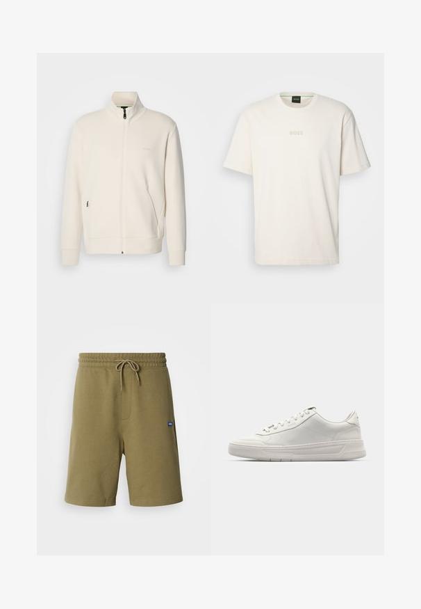 Veste zippée beige clair avec col montant, manches longues, poches latérales et logo "BOSS" discret sur la poitrine gauche.; BOSS TEE - T-shirt basique - open white; Shorts de sport en kaki, fabriqués en mélange de coton doux, avec une taille élastique à cordon de serrage, des poches latérales et un écusson logo.; Baskets blanches avec une tige en cuir lisse, bout rond, fermeture à lacets et une épaisse semelle en caoutchouc. Logo discret sur le côté.