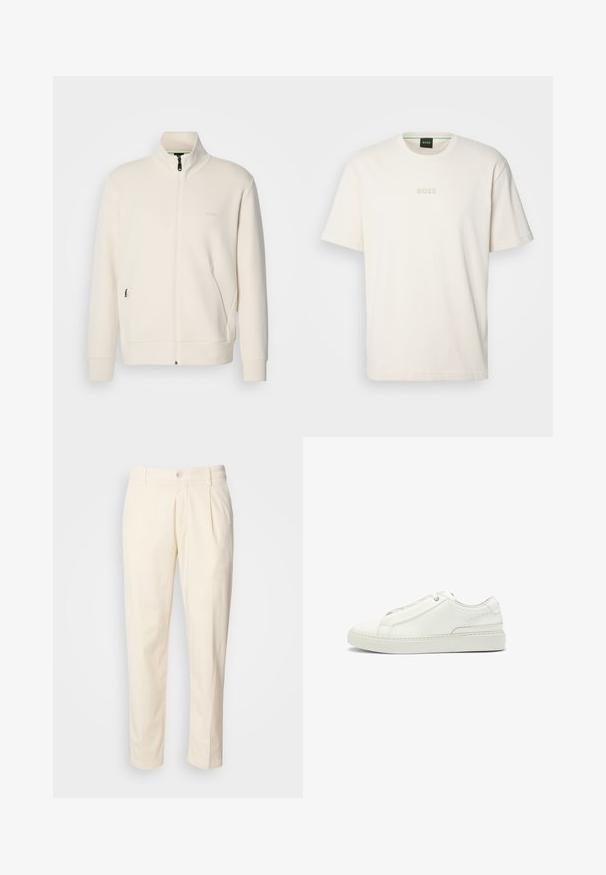 Lysbeige zip-up jakke med ståkrave, lange ærmer, sidelommer og diskret "BOSS" logo på venstre bryst.; BOSS TEE - T-shirts basic - open white; Krèmfargede bomuldsbukser med lige ben-design, der har frontfolder, knaplukning og sidelommer. Glat tekstur.; Hvide lædersneakers med en tekstureret overdel, rund tå, minimalisk design og en gummisål med syede detaljer.