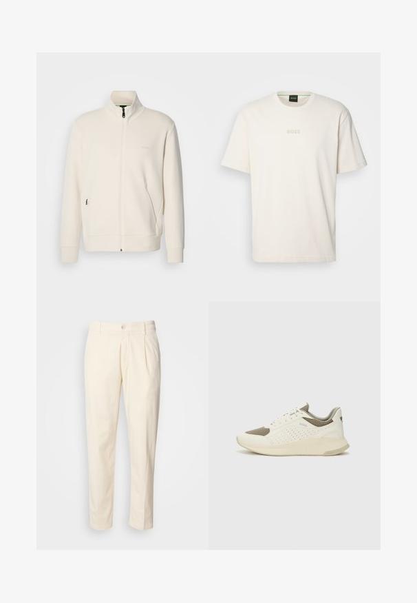 Giacca zip-up bianco sporco con colletto alto, maniche lunghe, tasche laterali e sottile logo "BOSS" sul lato sinistro del petto.; BOSS TEE - T-shirt basic - open white; Pantaloni in cotone color crema con design a gamba dritta, caratterizzati da pieghe frontali, chiusura con bottone e tasche laterali. Tessuto morbido.; Sneaker atletica bianca e beige chiaro, con tomaia in mesh, dettagli perforati e una suola intermedia texturizzata con marchio sul tallone.