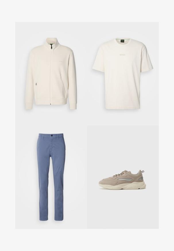 Casaco com fecho éclair em tom off-white, com colarinho elevado, mangas longas, bolsos laterais e um discreto logótipo "BOSS" no lado esquerdo do peito.; BOSS TEE - T-shirt básica - open white; Calças azuis de perna reta com fecho de botão e zipper, passadores de cinto e bolsos frontais, expostas sobre um fundo branco.; Sapatilhas de camurça bege com um acabamento texturizado, apresentando detalhes em prata, sola espessa em creme e um colar acolchoado. Os atacadores passam por ilhós na parte superior.