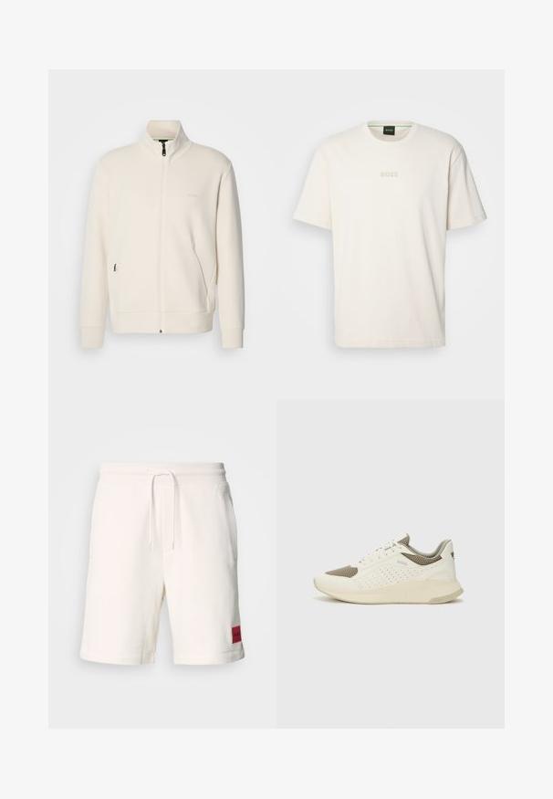 Off-white zip-up jakna s stoječim ovratnikom, dolgimi rokavi, stranskimi žepi in subtilnim logotipom "BOSS" na levem prsnem delu.; BOSS TEE - Navadna majica - open white; Kremne kratke hlače iz bombaža z elastičnim pasom, vrvico in stranskimi žepi. Imajo rdeč označevalni znak na levem stegnu.; Beli in svetlo bež športni copat, s mrežastim zgornjim delom, perforiranimi detajli in teksturirano srednjim delom z blagovno znamko na peti.