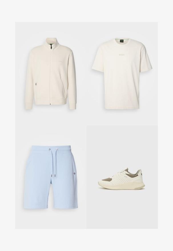 Lysbeige zip-up jakke med ståkrave, lange ærmer, sidelommer og diskret "BOSS" logo på venstre bryst.; BOSS TEE - T-shirts basic - open white; Lyseblå shorts lavet af blødt stof, med en elastisk talje og snoretræk samt et lille logo på forsiden.; Hvide og lyse beige sportssko med en mesh-overdel, perforerede detaljer og en tekstureret mellemsål med branding på hælen.